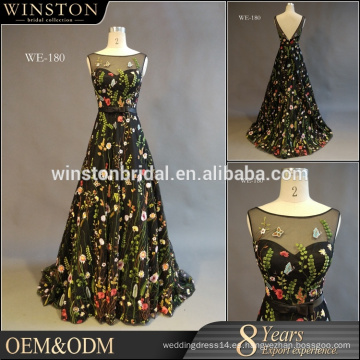 2016 guangzhou proveedor vestido de fiesta largo negro escote barco vestido de noche